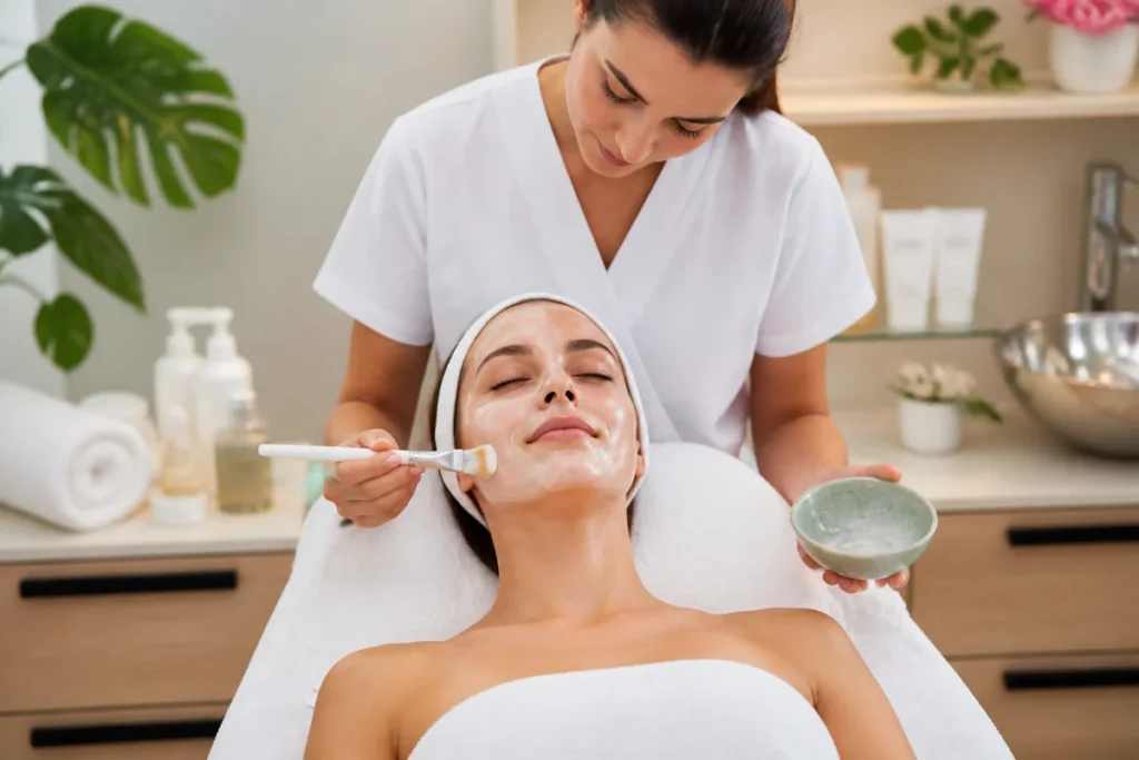 Femme recevant des soins du visage hydratants personnalisés dans un institut esthétique moderne et apaisant