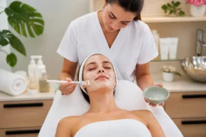 Femme recevant des soins du visage hydratants personnalisés dans un institut esthétique moderne et apaisant