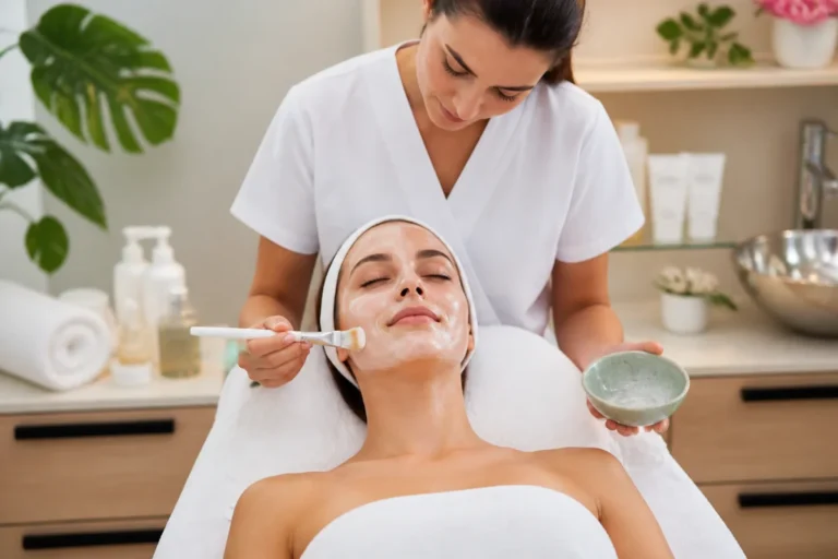 Femme recevant des soins du visage hydratants personnalisés dans un institut esthétique moderne et apaisant