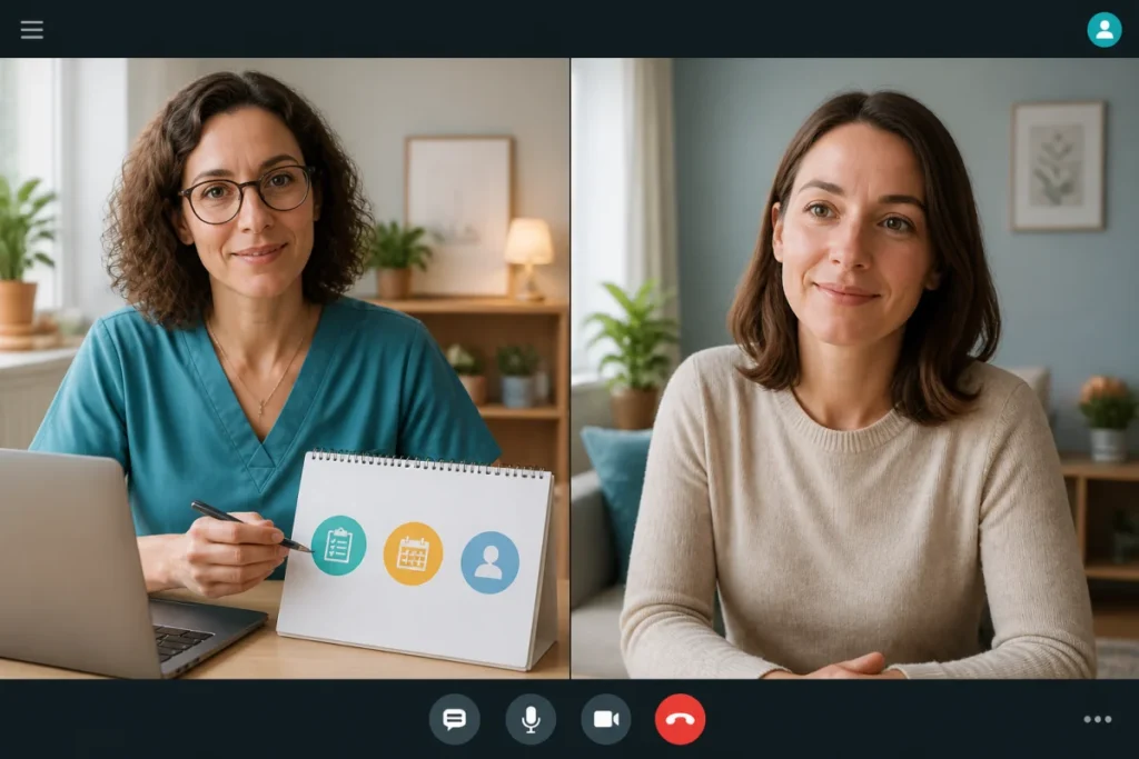 Téléconsultation médicale entre professionnelle de santé et patiente pour un suivi du bien-être quotidien par visioconférence