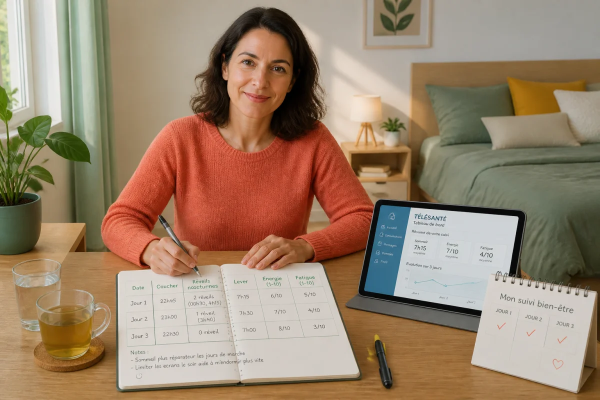 Adulte préparant un suivi du bien-être avec carnet, tablette médicale et calendrier de trois jours avant téléconsultation
